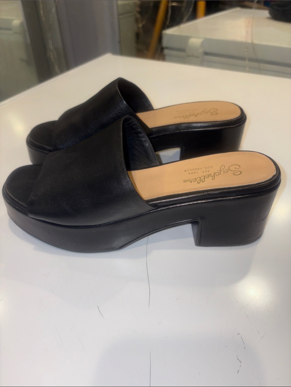 Seychelles Black Leather Slide Platform Sandal